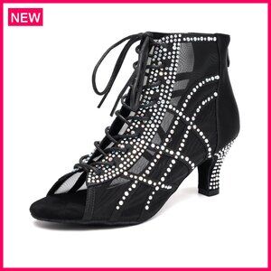 Mesh Latin Salsa Dance Boots with Rhinestones High Heel Jazz Shoes
